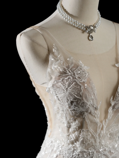 Robe de mariée sirène vintage à bretelles spaghetti, sans manches, en dentelle à paillettes, ajustée et perlée, longue, RB1879