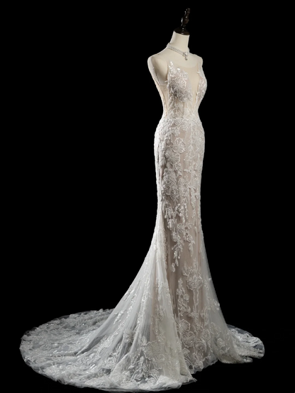 Robe de mariée sirène vintage à bretelles spaghetti, sans manches, en dentelle à paillettes, ajustée et perlée, longue, RB1879