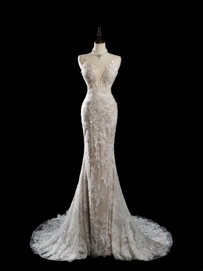 Robe de mariée sirène vintage à bretelles spaghetti, sans manches, en dentelle à paillettes, ajustée et perlée, longue, RB1879