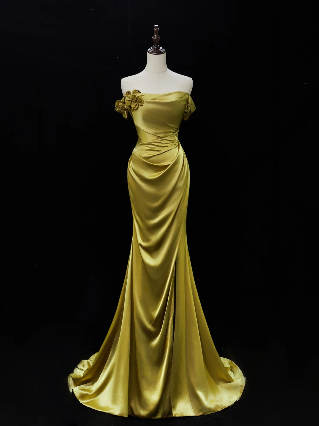 Robe de bal élégante sirène à épaules dénudées en satin vert, longue, tenue de bal impressionnante pour un 18e anniversaire, RB1880