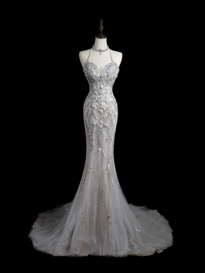 Vintage Mermaid Halter Sleeveless Sequin Beaded Tulle Fitted Beaded Long Wedding Dress Bride Gown Wedding Dresses RB1881