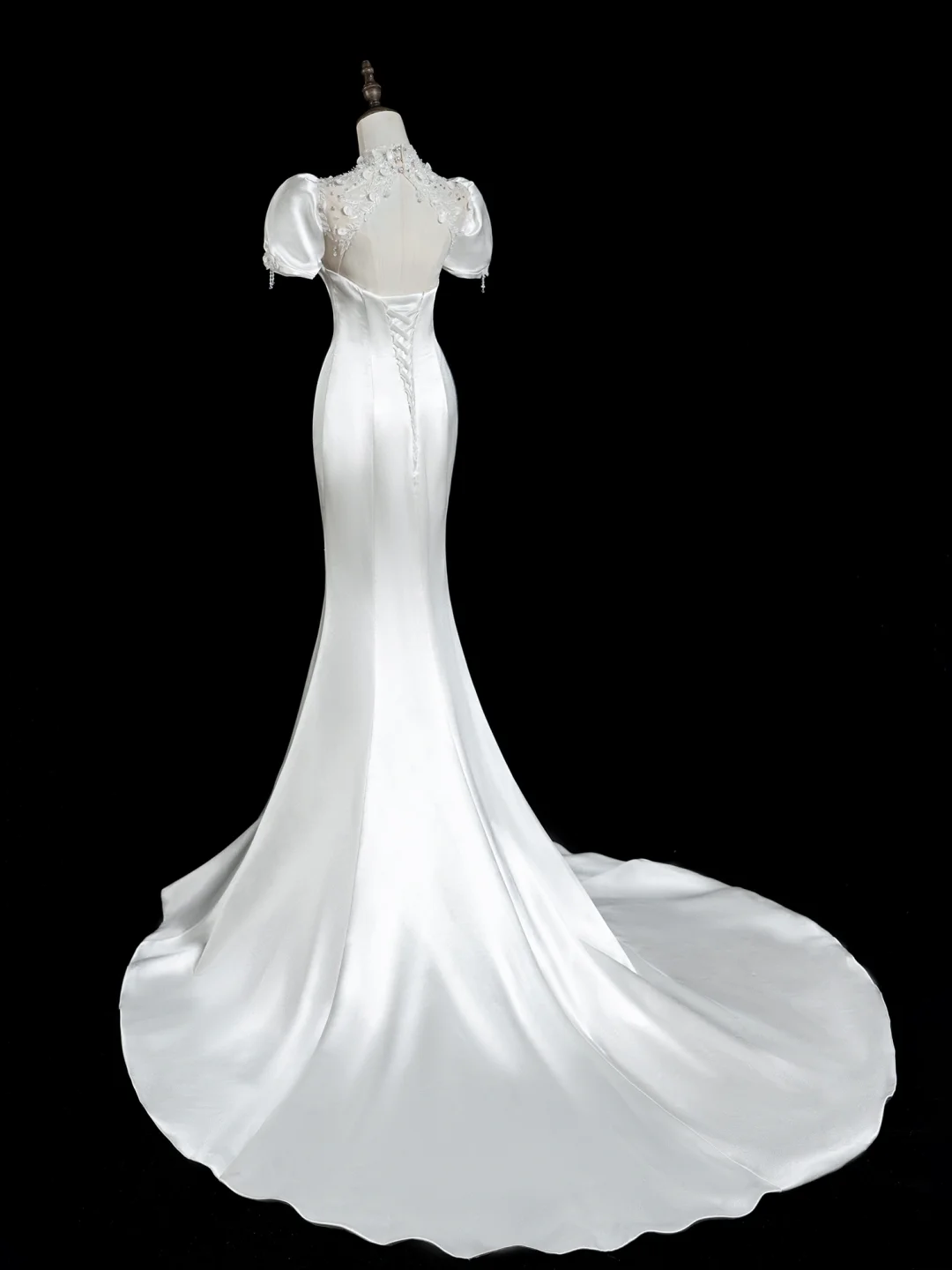 Vintage Mermaid High Neck Short Sleeves Satin Fitted Long Wedding Dress Bride Gown Wedding Dresses RB1882