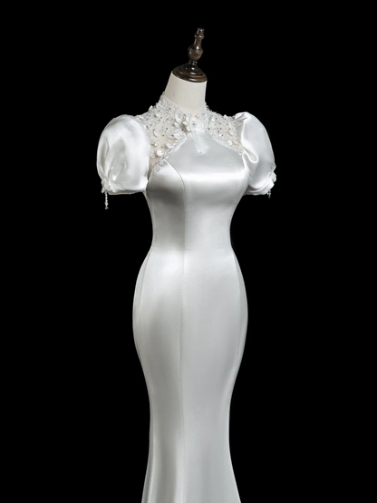 Vintage Mermaid High Neck Short Sleeves Satin Fitted Long Wedding Dress Bride Gown Wedding Dresses RB1882
