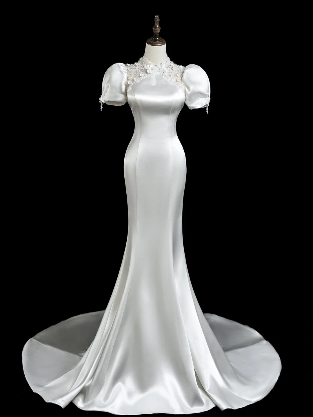 Vintage Mermaid High Neck Short Sleeves Satin Fitted Long Wedding Dress Bride Gown Wedding Dresses RB1882