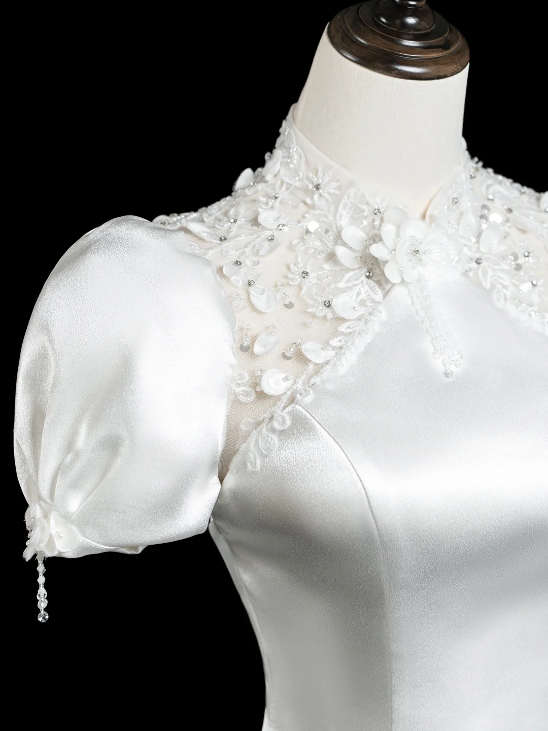Vintage Mermaid High Neck Short Sleeves Satin Fitted Long Wedding Dress Bride Gown Wedding Dresses RB1882