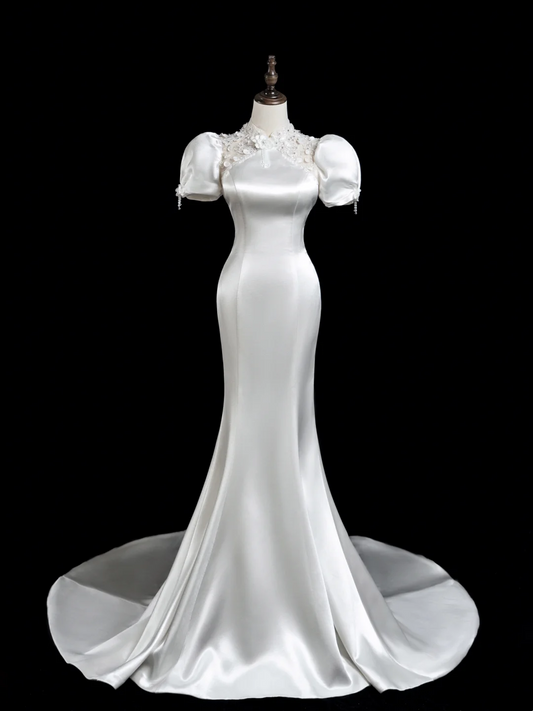 Vintage Mermaid High Neck Short Sleeves Satin Fitted Long Wedding Dress Bride Gown Wedding Dresses RB1882