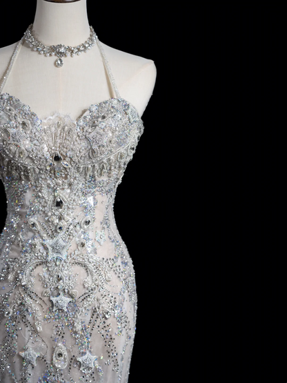 Vintage Mermaid Halter Sleeveless Sequin Beaded Tulle Fitted Beaded Long Wedding Dress Bride Gown Wedding Dresses RB1881