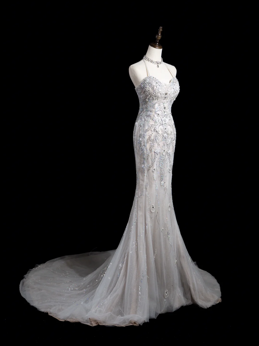 Vintage Mermaid Halter Sleeveless Sequin Beaded Tulle Fitted Beaded Long Wedding Dress Bride Gown Wedding Dresses RB1881
