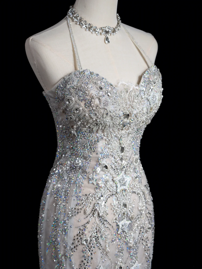 Vintage Mermaid Halter Sleeveless Sequin Beaded Tulle Fitted Beaded Long Wedding Dress Bride Gown Wedding Dresses RB1881