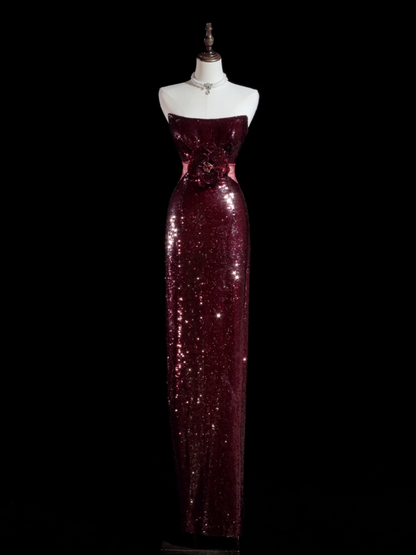 Sparkle Sheath Strapless Burgundy Sequin Long Prom Dresses Impress 18th Birthday Outfits Prom Gown RB1888