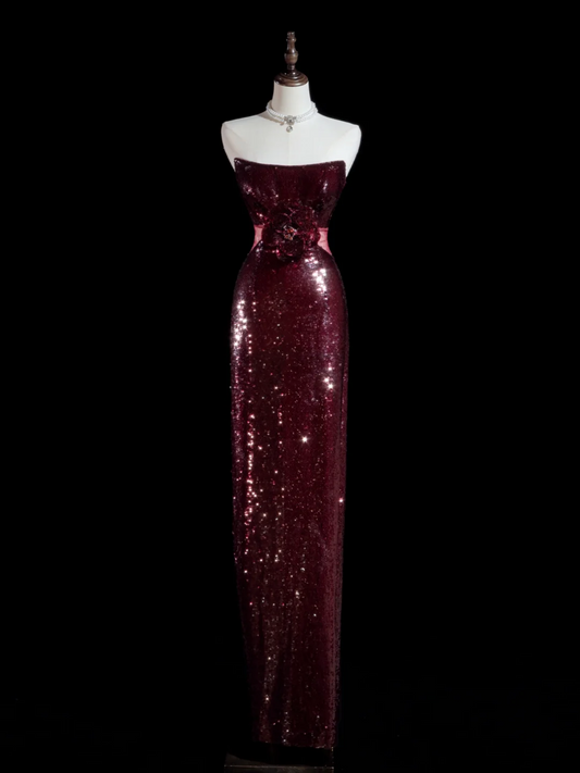 Sparkle Sheath Strapless Burgundy Sequin Long Prom Dresses Impress 18th Birthday Outfits Prom Gown RB1888