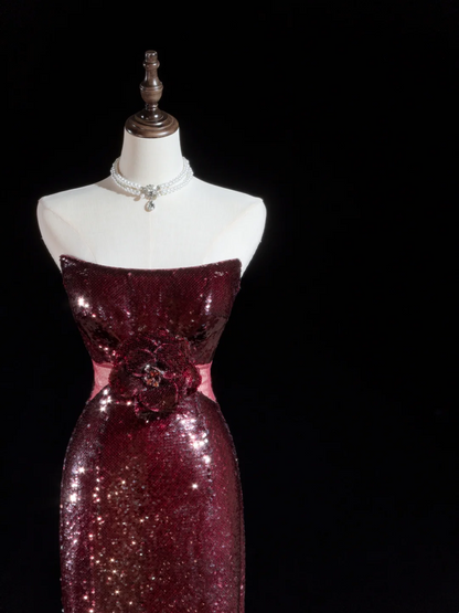 Sparkle Sheath Strapless Burgundy Sequin Long Prom Dresses Impress 18th Birthday Outfits Prom Gown RB1888