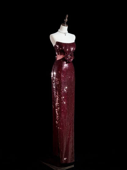 Sparkle Sheath Strapless Burgundy Sequin Long Prom Dresses Impress 18th Birthday Outfits Prom Gown RB1888