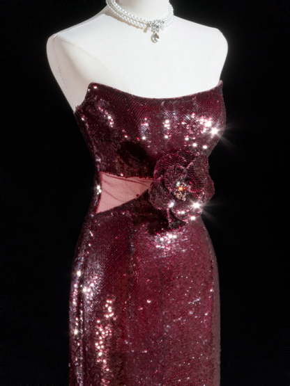 Sparkle Sheath Strapless Burgundy Sequin Long Prom Dresses Impress 18th Birthday Outfits Prom Gown RB1888