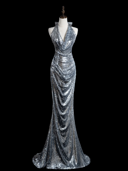 Robe de bal longue style sirène rétro à paillettes argentées et dos nu, tenue de bal impressionnante pour un 18e anniversaire (RB1889)