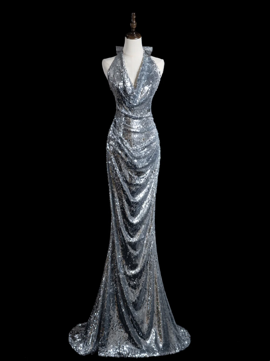 Retro Mermaid Halter Silver Sequin Long Prom Dresses Impress 18th Birthday Outfits Prom Gown RB1889