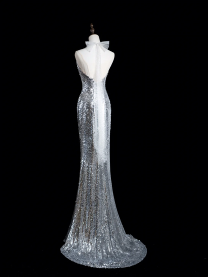 Robe de bal longue style sirène rétro à paillettes argentées et dos nu, tenue de bal impressionnante pour un 18e anniversaire (RB1889)
