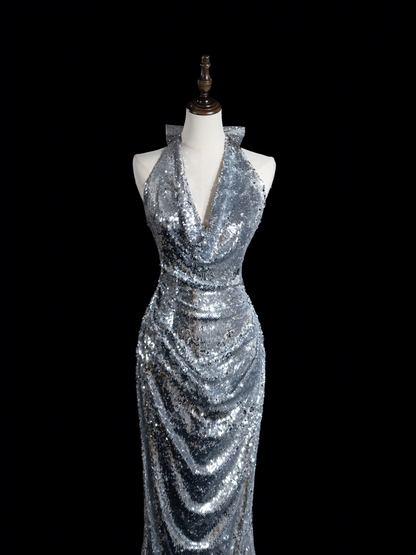Robe de bal longue style sirène rétro à paillettes argentées et dos nu, tenue de bal impressionnante pour un 18e anniversaire (RB1889)