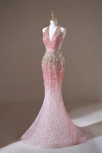 Retro Mermaid Halter Pink Sequin Long Prom Dresses Impress 19th Birthday Outfits Prom Gown RB1893