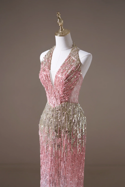 Retro Mermaid Halter Pink Sequin Long Prom Dresses Impress 19th Birthday Outfits Prom Gown RB1893