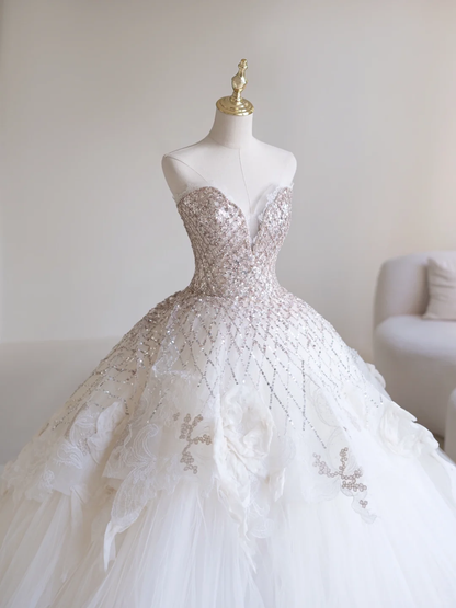 Robe de mariée princesse en tulle, col en cœur, sans manches, longue et ajustée, blanche, RB1894
