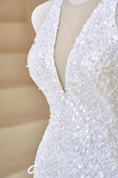 Sexy Mermaid Deep V Neck White Sequin Long Prom Dresses Impress 19th Birthday Outfits Prom Gown RB1895