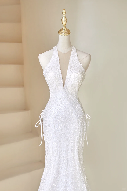 Sexy Mermaid Deep V Neck White Sequin Long Prom Dresses Impress 19th Birthday Outfits Prom Gown RB1895