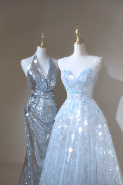 Robe de bal rétro à paillettes, décolleté en cœur, bleu ciel clair, longue, tenue de bal impressionnante pour un 20e anniversaire, RB1892