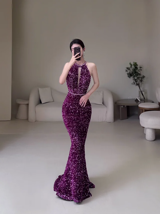 Sexy Mermaid Scoop Neck Grape Sequin Long Prom Dresses Impress 19th Birthday Outfits Prom Gown RB1897