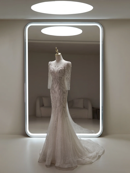 Robe de mariée sirène à encolure dégagée et manches longues, en dentelle et sequins, coupe ajustée, blanche, RB1898