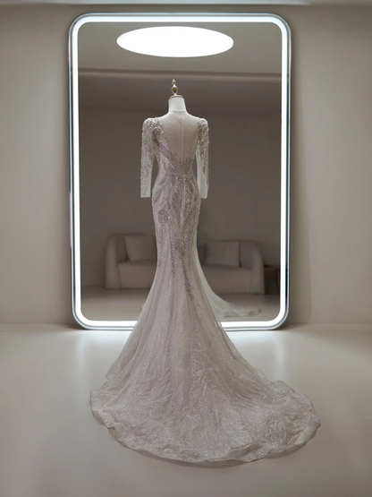 Robe de mariée sirène à encolure dégagée et manches longues, en dentelle et sequins, coupe ajustée, blanche, RB1898