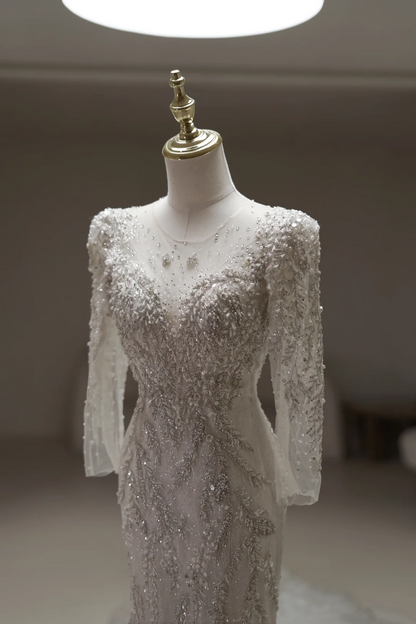 Robe de mariée sirène à encolure dégagée et manches longues, en dentelle et sequins, coupe ajustée, blanche, RB1898
