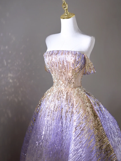 Robe de bal rétro à épaules dénudées et paillettes lilas, longue robe de bal, tenue impressionnante pour un 18e anniversaire, robe de bal RB1899