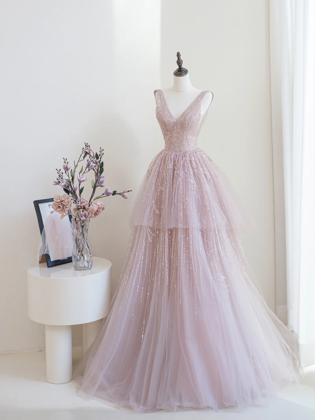 Robe de bal longue à paillettes roses et décolleté en V profond, tenue de bal impressionnante pour un 19e anniversaire, RB1900