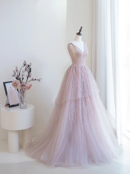 Robe de bal longue à paillettes roses et décolleté en V profond, tenue de bal impressionnante pour un 19e anniversaire, RB1900