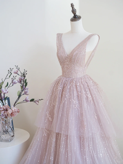 Robe de bal longue à paillettes roses et décolleté en V profond, tenue de bal impressionnante pour un 19e anniversaire, RB1900