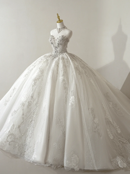 Robe de mariée princesse en tulle, décolleté en cœur, sans manches, corset ajusté, longue, blanche, RB1902