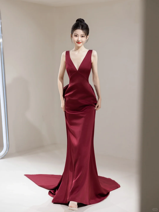 Simple Mermaid V Neck Burgundy Satin Long Prom Dresses Impress 19th Birthday Outfits Prom Gown RB1905