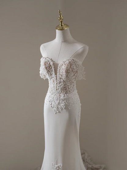 Robe de mariée sirène à épaules dénudées et manches courtes en dentelle, longue et ajustée, blanche, RB1906