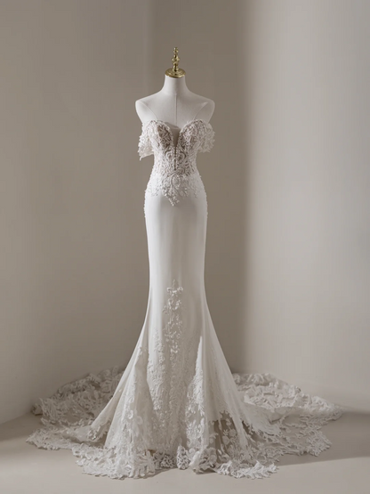 Robe de mariée sirène à épaules dénudées et manches courtes en dentelle, longue et ajustée, blanche, RB1906