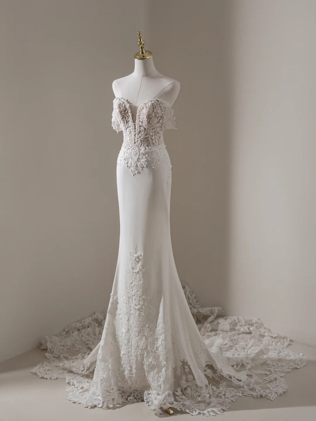 Robe de mariée sirène à épaules dénudées et manches courtes en dentelle, longue et ajustée, blanche, RB1906