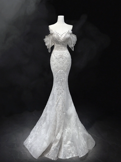 Robe de mariée sirène à épaules dénudées et manches courtes en dentelle et sequins, robe de mariée blanche RB1907