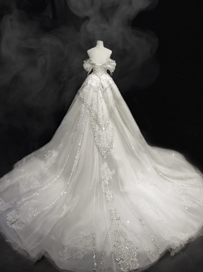 Robe de mariée sirène à épaules dénudées et manches courtes en dentelle et sequins, robe de mariée blanche RB1907