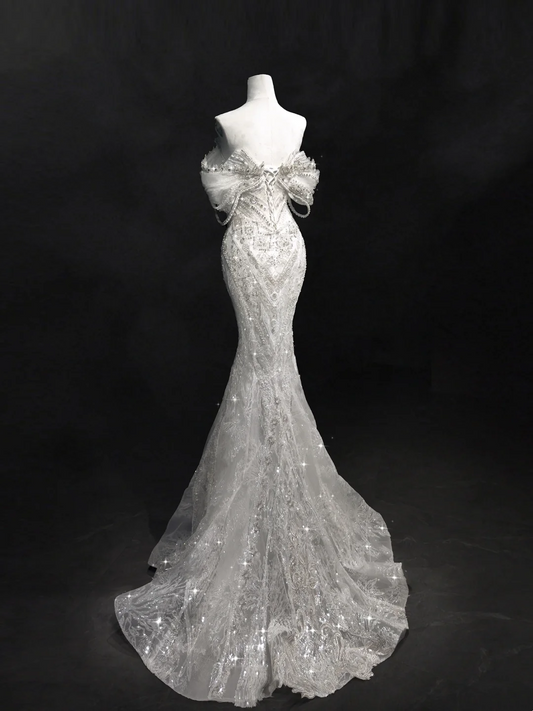 Princess Mermaid Off The Shoulder Short Sleeves Lace Sequin Fitted Long Wedding Dress Bridal Gown White Wedding Dresses RB1907