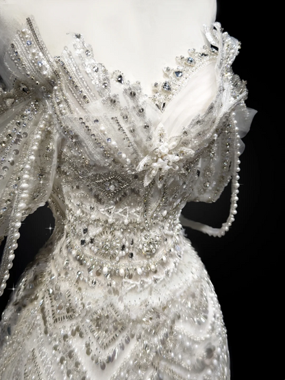 Robe de mariée sirène à épaules dénudées et manches courtes en dentelle et sequins, robe de mariée blanche RB1907