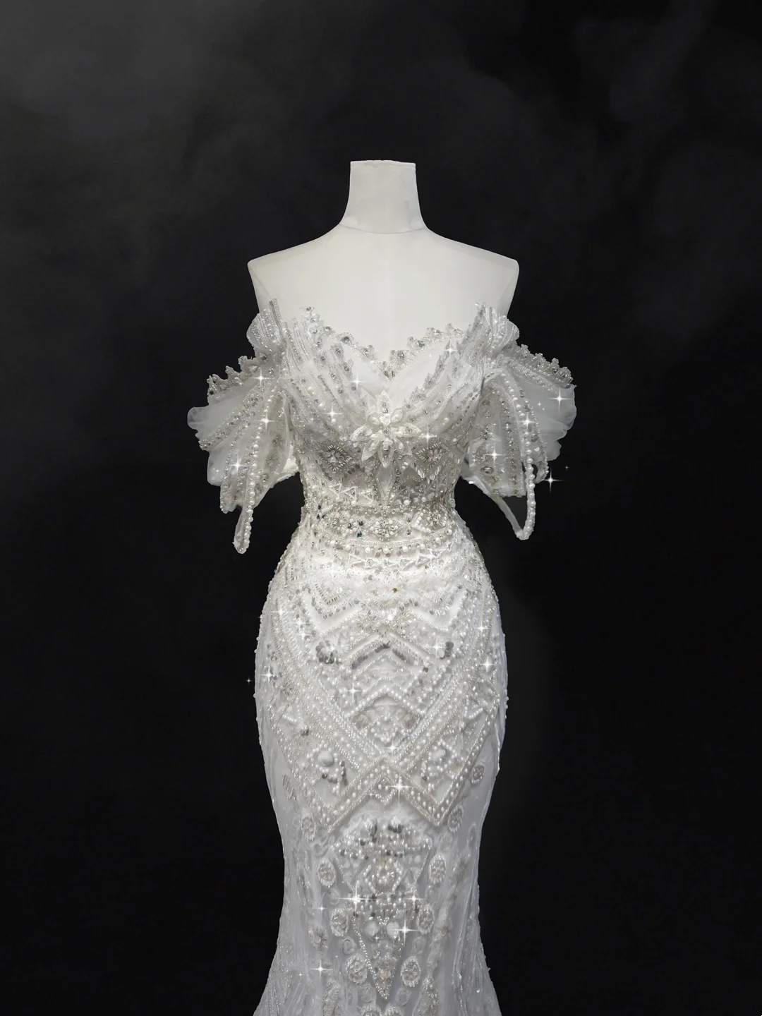 Robe de mariée sirène à épaules dénudées et manches courtes en dentelle et sequins, robe de mariée blanche RB1907