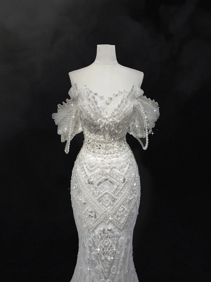 Robe de mariée sirène à épaules dénudées et manches courtes en dentelle et sequins, robe de mariée blanche RB1907