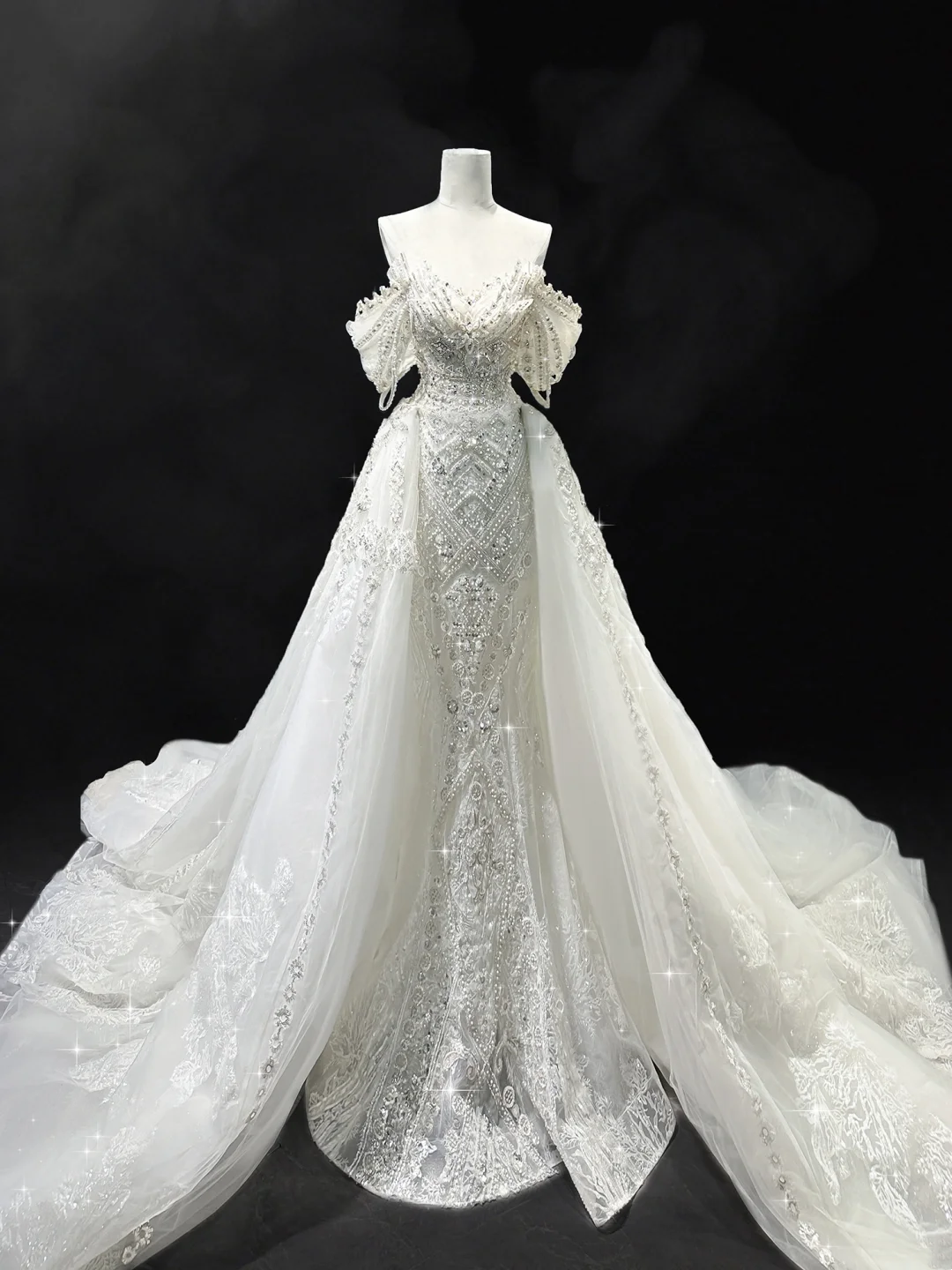 Robe de mariée sirène à épaules dénudées et manches courtes en dentelle et sequins, robe de mariée blanche RB1907