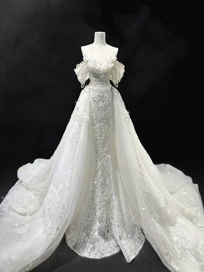 Robe de mariée sirène à épaules dénudées et manches courtes en dentelle et sequins, robe de mariée blanche RB1907