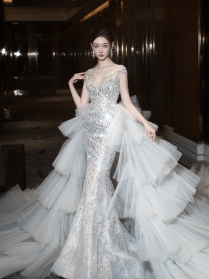 Princess Mermaid Off The Shoulder Short Sleeves Silver Sequin Fitted Long Wedding Dress Bridal Gown Wedding Dresses RB1908